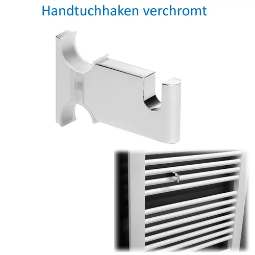 Kermi Handtuchhaken aus verchromtem Metall, geeignet zur Montage an einem Heizkörper. Zeigt eine einfache, funktionale Form ohne dekorative Elemente.